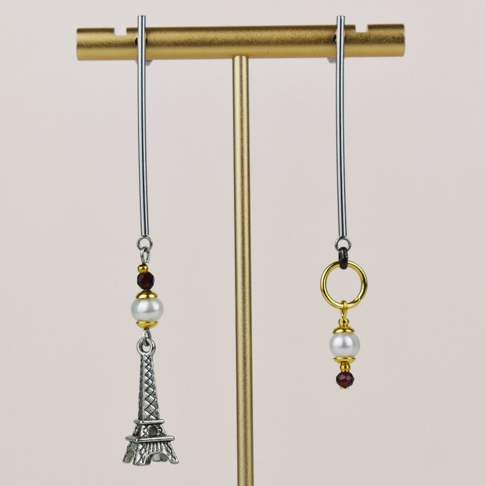 Eiffel Tower earrings dangle, asymmetrical earrings, long bar drop earrings